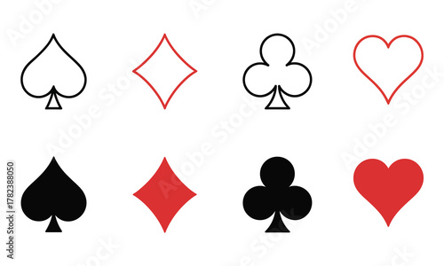 Classic red and black playing card symbols in vector style, isolated on transparent background for casino artwork, game UI, digital card projects, and design applications.