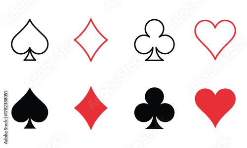 Classic playing card symbols  set in red and black, isolated on transparent background, perfect for casino graphics, digital card games, interfaces, and vector design projects.