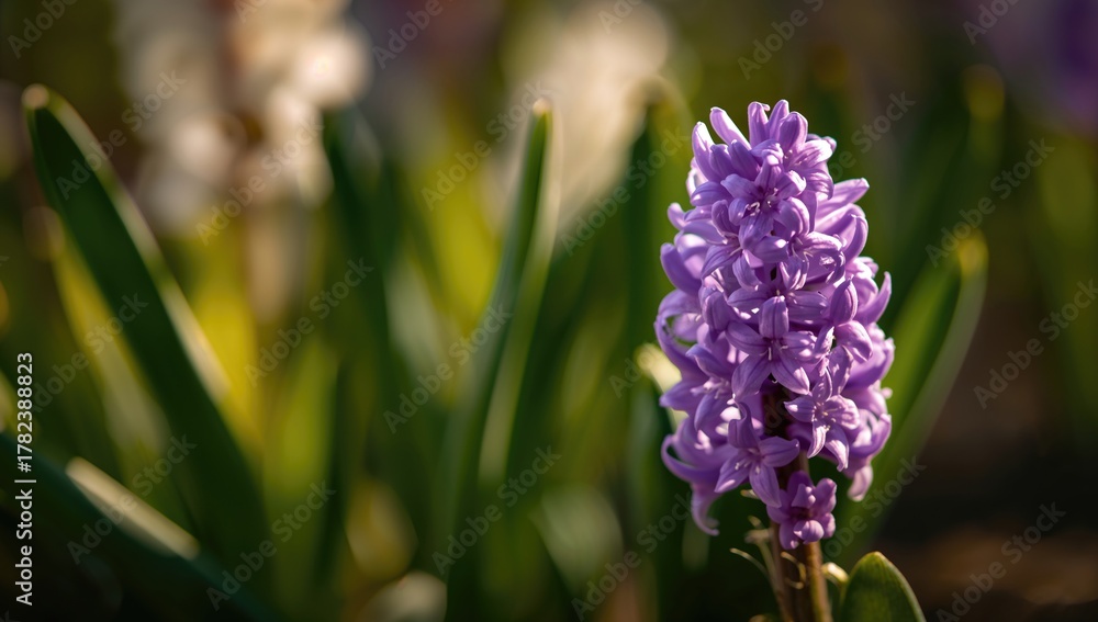 Fototapeta premium Close-up of a purple Hyacinth flower, showcasing its vibrant color and delicate petals, seasonal change