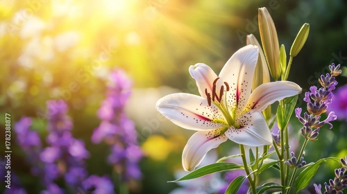Fototapeta Naklejka Na Ścianę i Meble -  A close-up of a colorful summer garden featuring flowers like lavender, lilies, and daisies, basking in the warm sunlight.