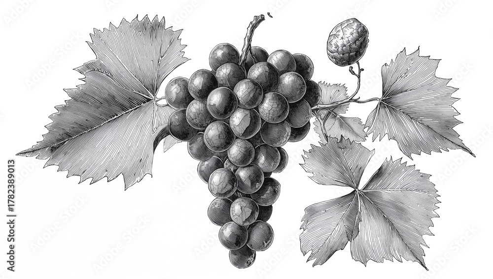 Fototapeta premium Hand-drawn illustration of grapes, showcasing wine vine leaves and fruits, suitable for vintage label design