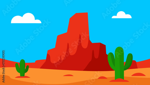 Cartoon Desert with Red Rocks and Cactus Illustration 