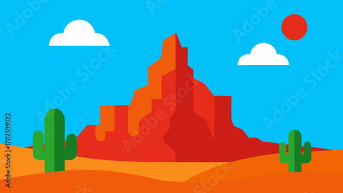 Cartoon Desert with Red Rocks and Cactus Illustration 