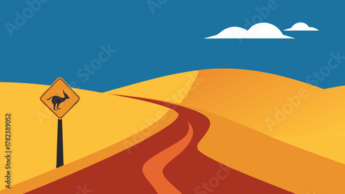 Cartoon Desert Road in Australian Outback with Kangaroo Sign