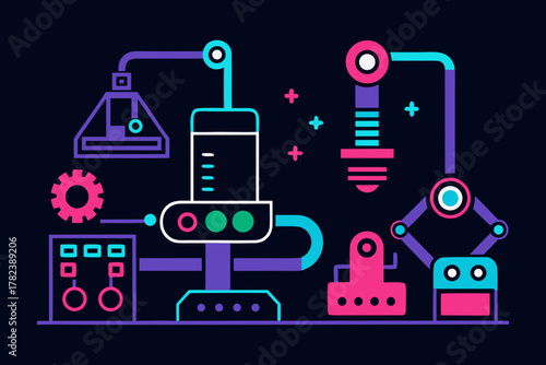 Neon AI Robotics Manufacturing Process Illustration 