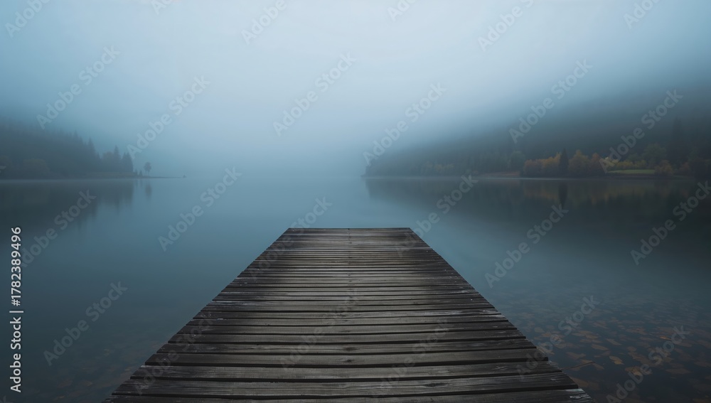 Fototapeta premium A wooden dock leads into a foggy lake, with the mist hiding the distant shore and softening the water's reflections, seasonal change