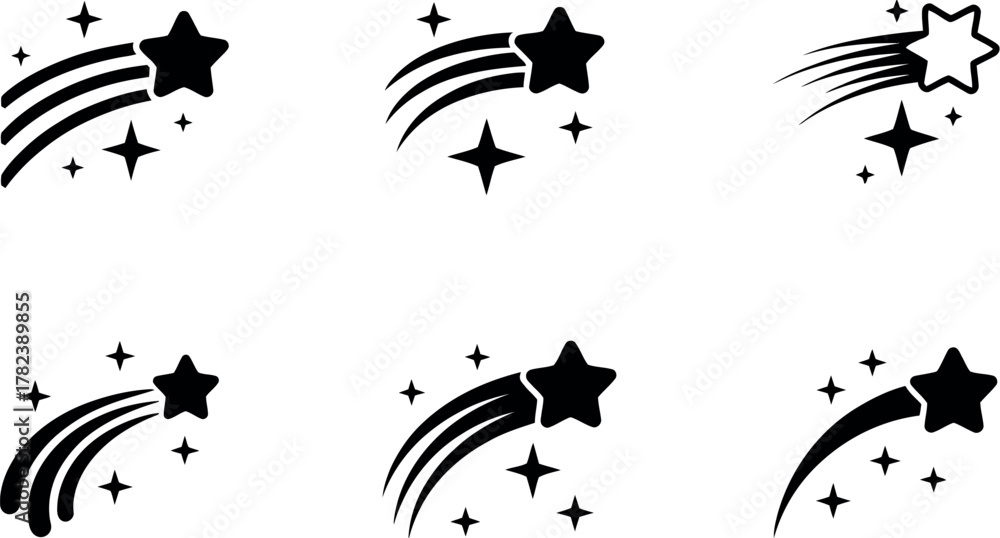 Naklejka premium Black and white shooting star illustrations with star trails and smaller stars on a white background design elements