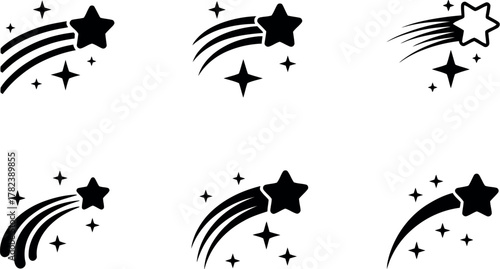 Black and white shooting star illustrations with star trails and smaller stars on a white background design elements