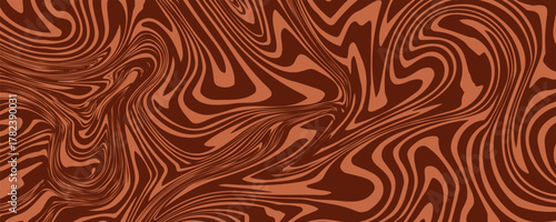 Retro coffee color background. Milk chocolate liquid dessert texture. Wavy swirl candy pattern for poster, cover, banner, pamphlet. Vintage brown trippy hippie wallpaper in 60s or 70s style. Vector