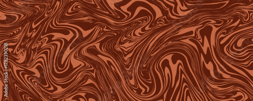 Retro coffee color background. Milk chocolate liquid dessert texture. Wavy swirl candy pattern for poster, cover, banner, pamphlet. Vintage brown trippy hippie wallpaper in 60s or 70s style. Vector