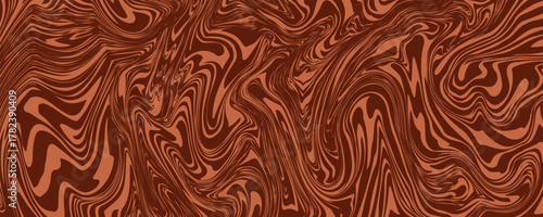 Retro coffee color background. Milk chocolate liquid dessert texture. Wavy swirl candy pattern for poster, cover, banner, pamphlet. Vintage brown trippy hippie wallpaper in 60s or 70s style. Vector