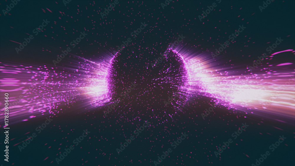 Fototapeta premium Abstract round sphere of pink particles of magical glow on a dark space background