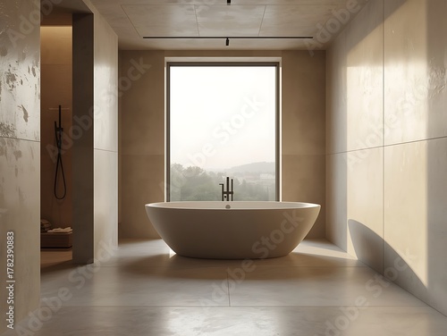 Minimalist Scandinavian interior architecture featuring a polished concrete bathroom with a scenic view