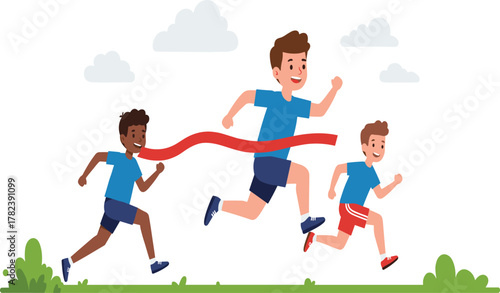 Three diverse runners crossing the finish line tape together, celebrating teamwork, sportsmanship, and success in a fun marathon or outdoor running race vector.