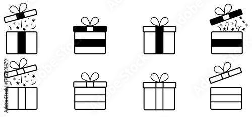 Gift box icon vector for celebration and surprise events. Gift box icon set for celebration and surprise present design. Open surprise gift box icon set with confetti and ribbon art. vector icons.