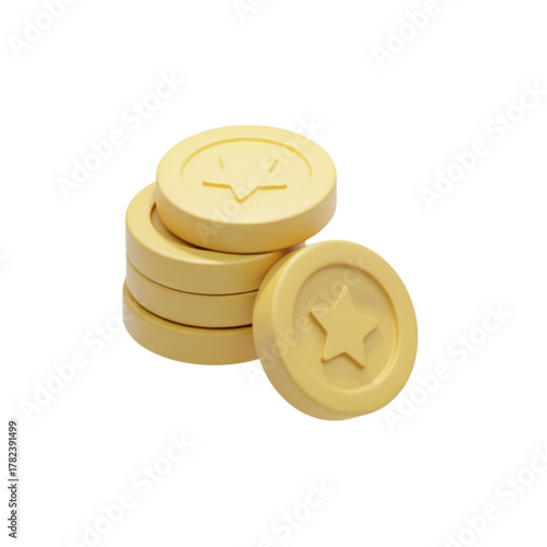 Conceptual 3D rendering of stacked yellow prize tokens with star and diamond emblems, symbolizing virtual wealth and in-game achievement