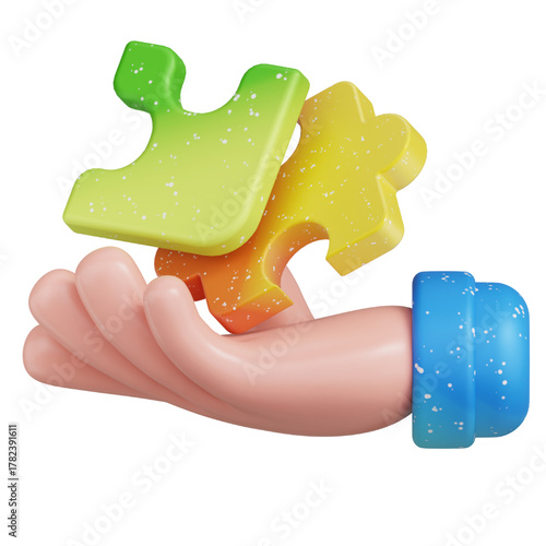 A 3D illustration of a hand holding colorful puzzle pieces, symbolizing solutions and connection