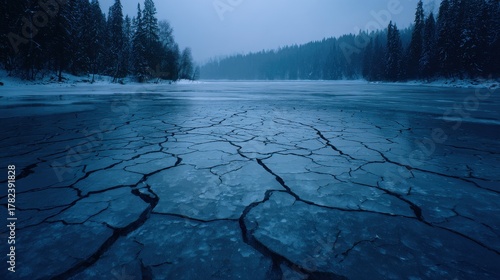 Fototapeta Naklejka Na Ścianę i Meble -  Cracked ice on a frozen lake in a winter landscape with snowcovered trees and a misty atmosphere