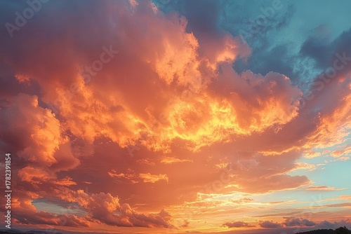 Dramatic sunset sky with vibrant orange and pink clouds fiery glowing over calm horizon