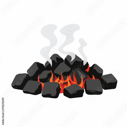 Illustration of smoldering charcoal embers with rising smoke on a white background