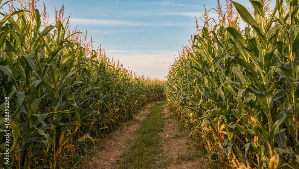 Obraz premium Trail winding through a dense corn plantation.