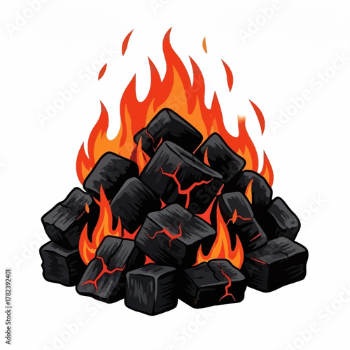 Illustration of burning charcoal with vibrant orange flames on a white background