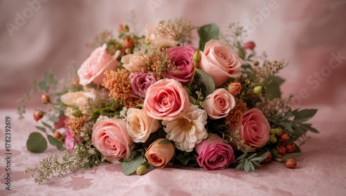 Roses and greenery, vibrant colors in a floral arrangement, suitable for editorial backgrounds