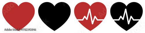 Red and black heart icon set for love and medical app design. Heart love romance valentine red icon for apps and websites. Heartbeat pulse health medical vector for apps and healthcare sites. 