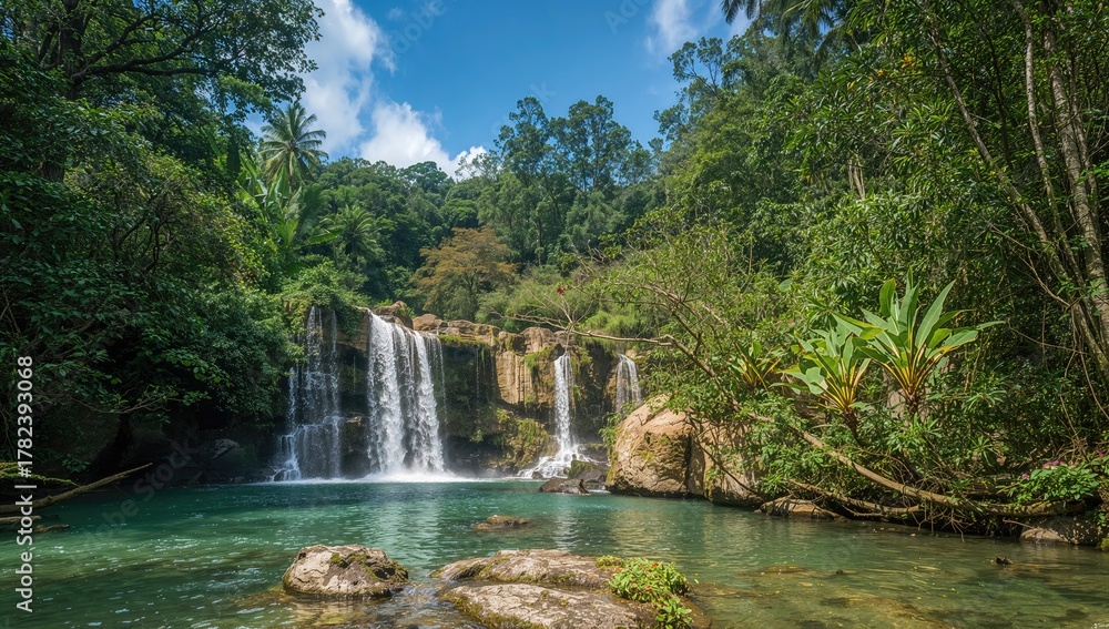 Naklejka premium Beautiful tropical forest with a waterfall, showcasing seasonal change