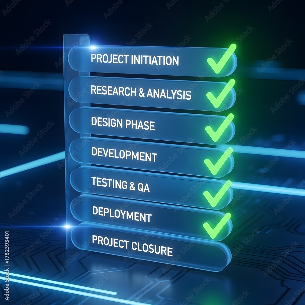 Obraz premium Digital checklist showing completed project management phases with green checkmarks.