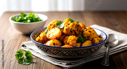 Still life composition, Vibrant and colorful street food style. Indian aloo gobi with spiced golden potatoes and cauliflower florets, garnished with fresh cilantro, 