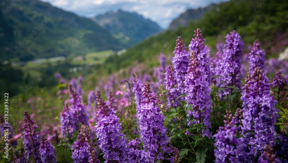 Obraz premium Beautiful purple flowers in a mountainous landscape, vibrant summer blooms, seasonal change