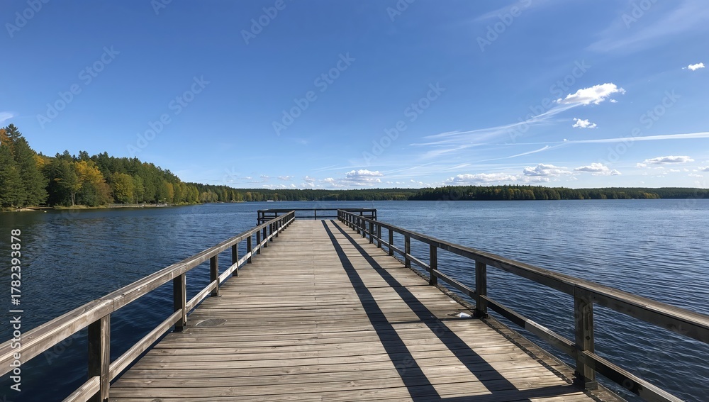 Naklejka premium A large wooden dock extends into calm waters of a peaceful lake, emphasizing relaxation and nature appreciation
