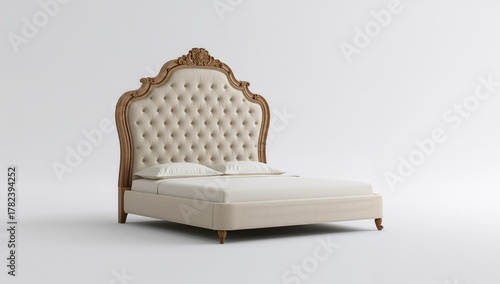 A double bed featuring a cushioned base and tall tufted headboard and footboard isolated on a white backdrop. Bedroom furnishings