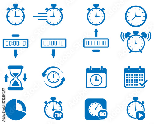 time icon set stopwatch alarm clock schedule vector collection. Stopwatch clock and timer vector icons for scheduling and countdown design. 