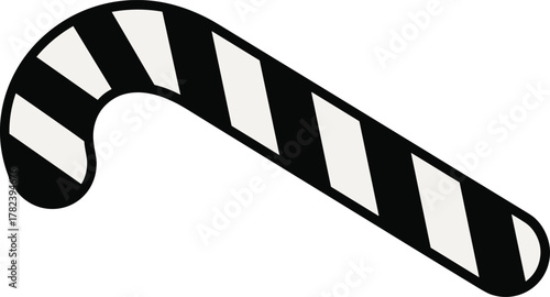 Candy cane silhouette, black and white festive icon, Christmas treat graphic, holiday sweet illustration, striped hook shape, seasonal decoration art