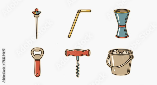 Various bar tools including ice bucket, corkscrew, and straw  