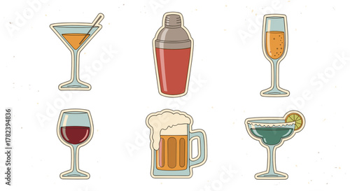 Assorted cocktail glasses with shaker and beer in colorful design