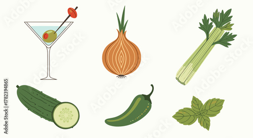 Cocktail ingredients including cucumber, celery, and onion for Holiday Cocktails  