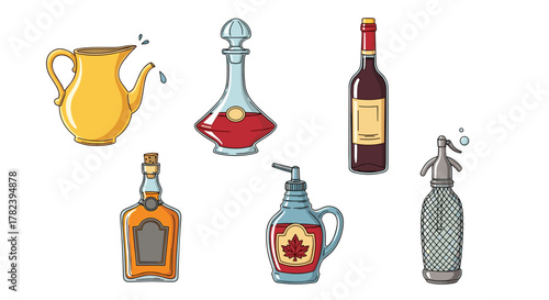 Assorted colorful bottles and pitchers for holiday cocktails  