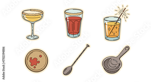 Cocktail glasses and bar tools on a white background for Holiday Cocktails  