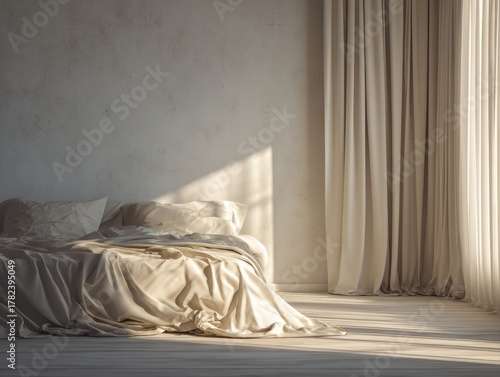 A bed with white sheets and pillows. The room is empty and has a white wall. The curtains are white and the window is open