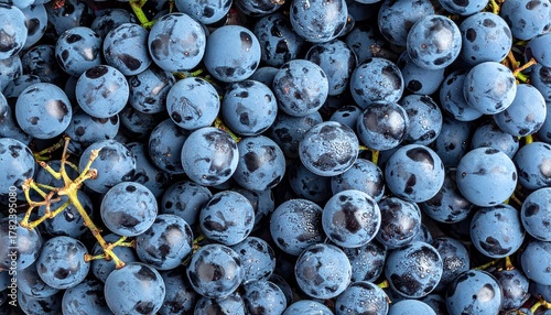 Top view of fresh dark blue grape clusters, natural fruit texture background