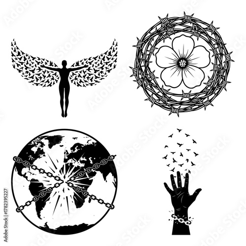 Conceptual freedom and liberation theme with angel, flower, earth, hand