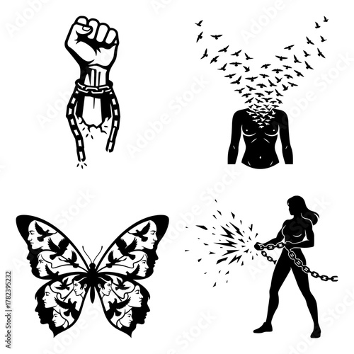 Freedom and liberation concept with fist, head, butterfly, woman