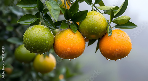 Fototapeta Naklejka Na Ścianę i Meble -  Oranges and unripe citrus fruits hanging on a tree with water droplets
