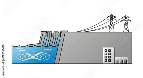 Advanced Hydroelectric Dam Power Generation Illustration: Renewable Hydropower Plant, Water Turbine Energy, Electricity Transmission, Sustainable Reservoir Management