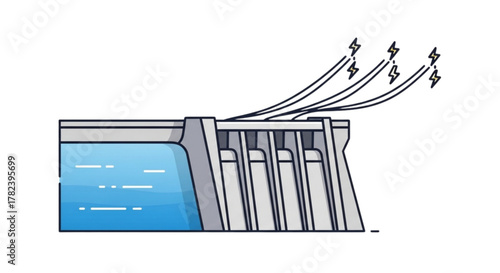 Advanced Hydroelectric Dam Power Generation Illustration: Renewable Hydropower Plant, Water Turbine Energy, Electricity Transmission, Sustainable Reservoir Management
