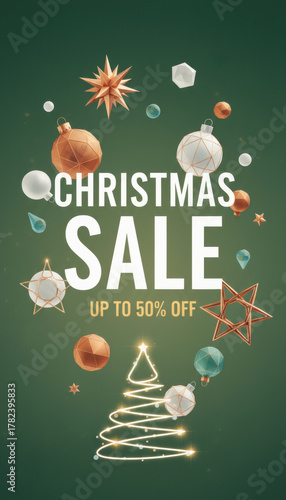 Christmas Sale promotion featuring floating 3D ornaments, stars, and a glowing tree. Stylish and magical vertical design for holiday shopping advertisements on a green background.
