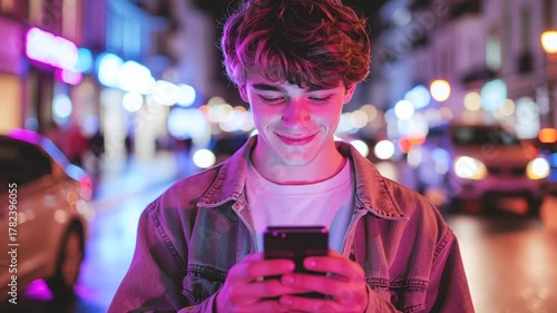 Teenager Uses Smartphone at Night in City Street, Illuminated by Neon Lights, Modern urban